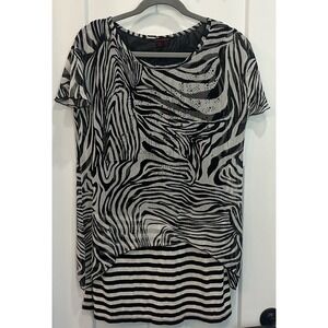 Simon Chang Women's Sheer Cap Sleeve Zebra Print‎ Black White Top Blouse Size 6